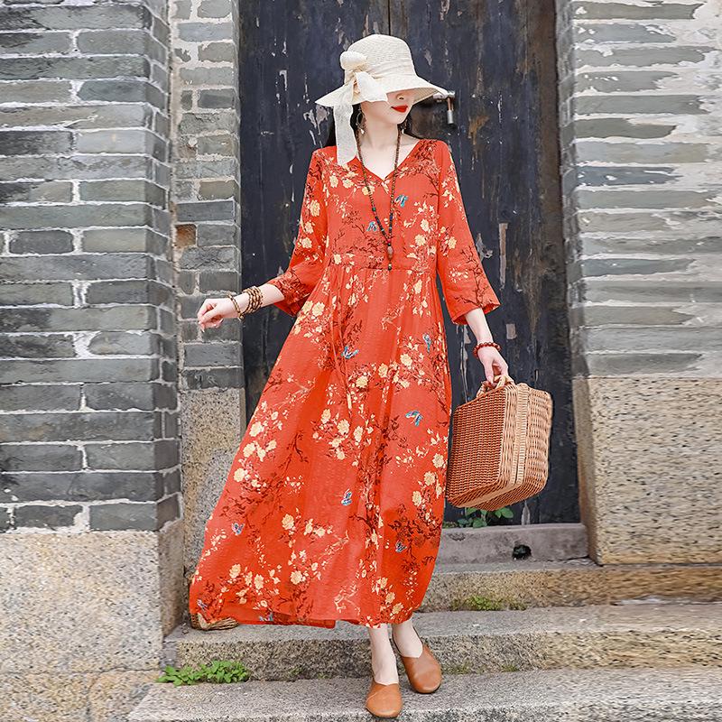 2026 Summer Retro Print Cotton & Linen Long Dress for Women