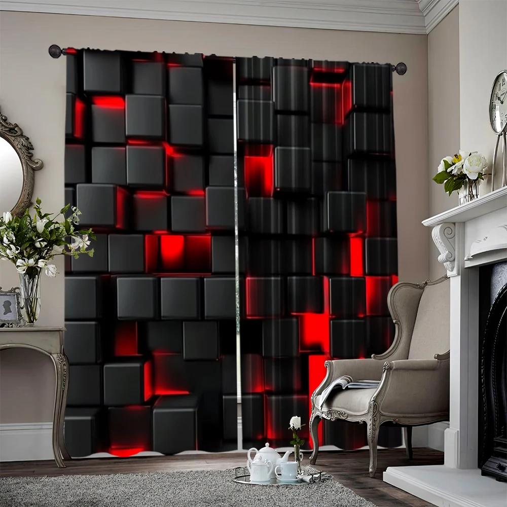 

Flat Printing Party Curtain Abstract Cubes Red Black Art Protecting Privacy Family Use Indoor Bedroom Set Of 2 Made Polyester Washable Decor Ready W100*H70(CM)-Rod Pocket&1PCS