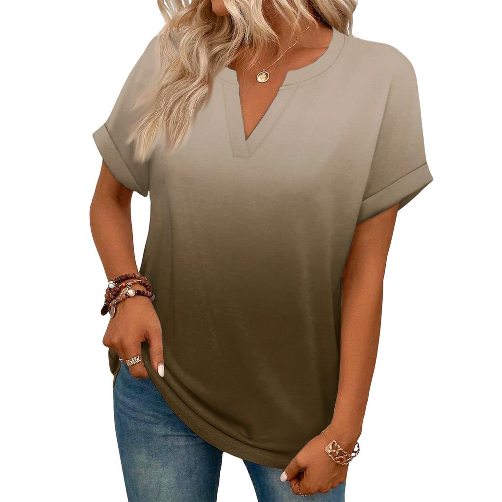 Modny Damski Casualowy T-shirt z Dekoltem V, Krótkim Rękawem i Gradientem