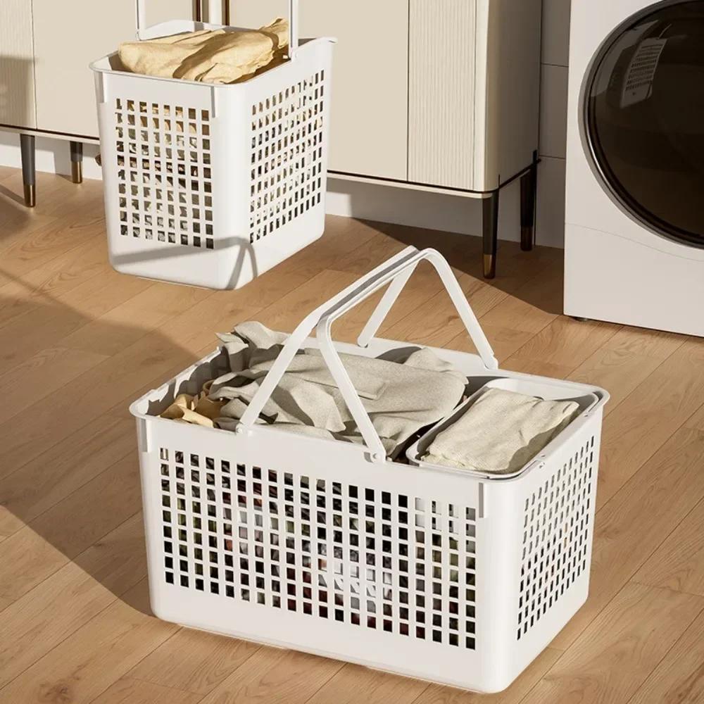 Cesto de Roupa Suja Portátil de Mão Cesto de Lavanderia com Roda Móvel Grande Capacidade Carrinho de Armazenamento Multifuncional para Banheiro