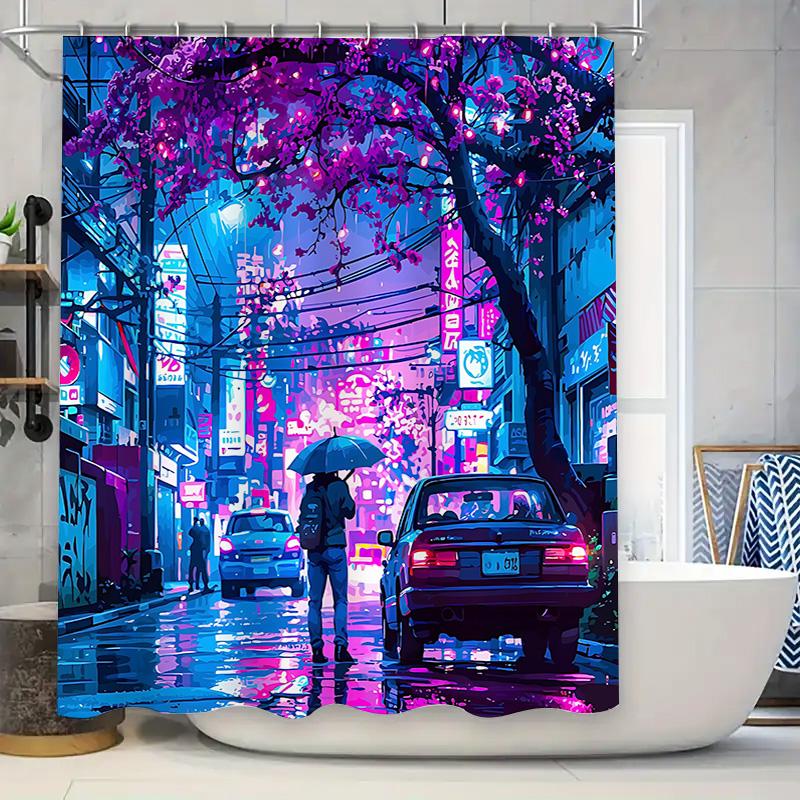 Cyberpunk Cityscape Shower Curtain Neon Lights Rainy Night Modern Bath Decor Waterproof Durable Easy To Install And Maintain