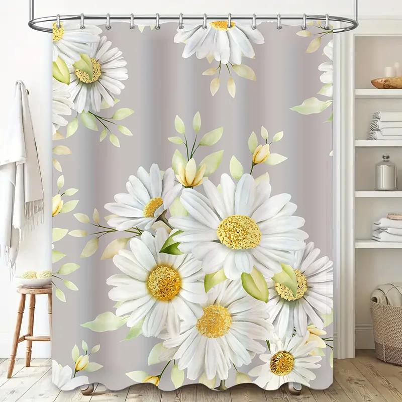 Delicate Floral Shower CurtainWhite Daisy Print Bathroom Decor Easy Installation + Non-Slip Grip (Various Sizes)