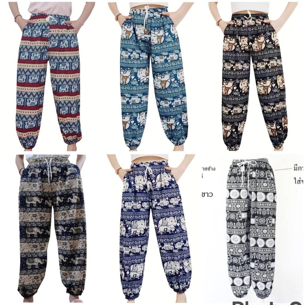 Elephant Jump Pants Pocket Adjustable Elastic High Waistband Strap Unisex Man Women Print Thailand Casual Streetwear Beach Bohemian Retro Vintage