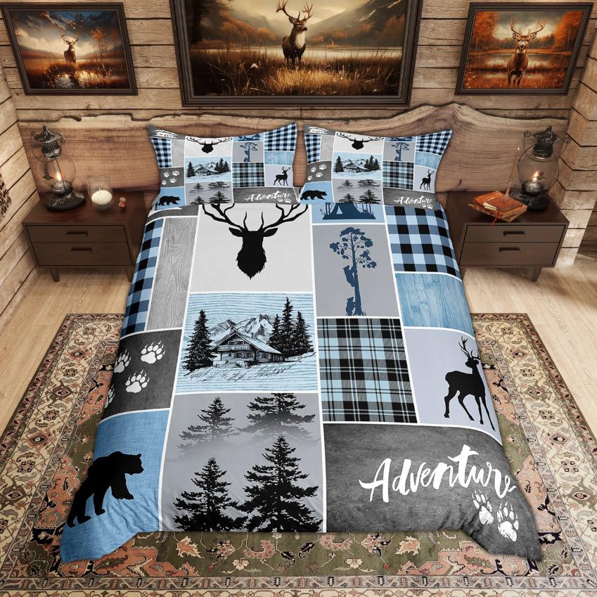 Homewish Rustic Deer Bear Duvet Cover Set Woodland Animal Checkered Quilt Cover Set Farmhouse Lodge Cabin Bedding Set