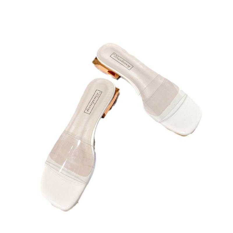 Transparent high-heeled one-word cool slippers women's summer outer wear fashionable new crystal thick-heeled sandals versatile and semi-mop