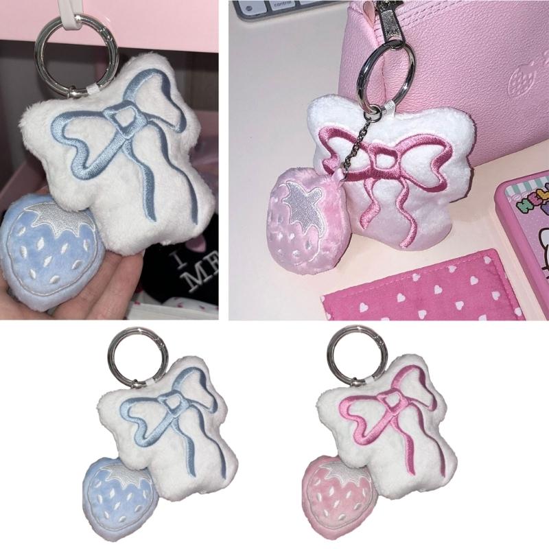 Sweet Plush Strawberry Bowknot Keychain Pendant Fashion Lovely Hangings Ornament Keyring Backpack Decoration Charm