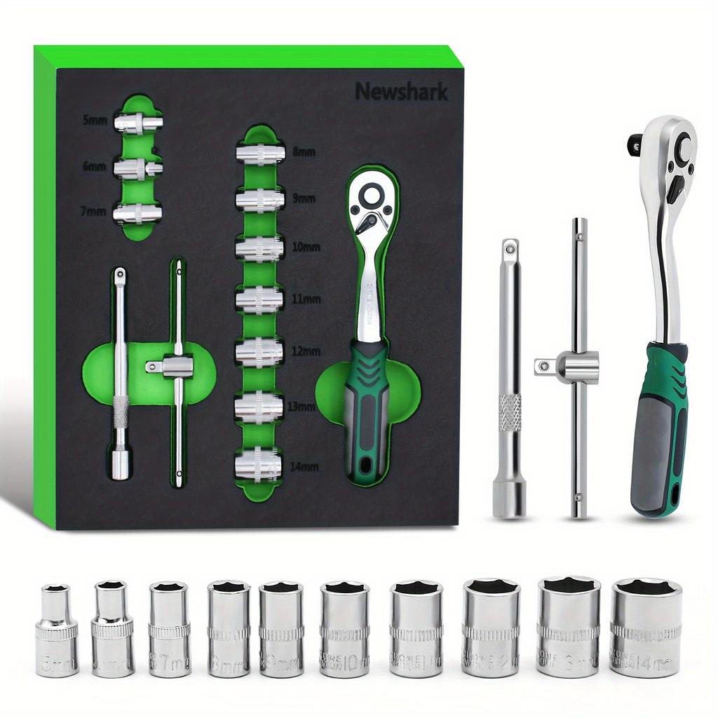 13pcs 1/4 Inch Drive Ratchet Socket Wrench Set, with 5-14mm and 72 Tooth Ratchet Handle and 4''Extension Bar Universal Joint