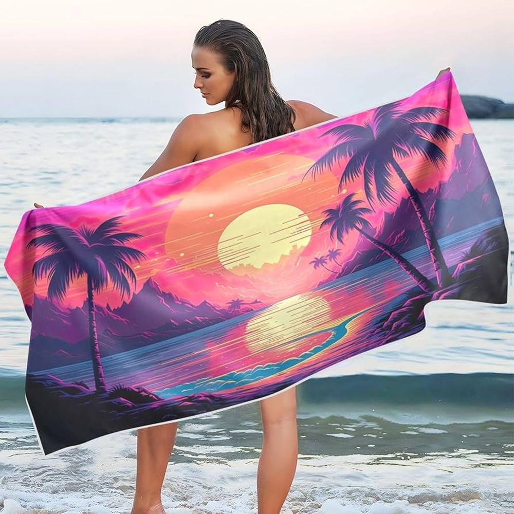 Tropical Sunset Palm Tree Print Beach Towel Quick Dry Microfiber Towel Soft Absorbent Towel for Summer Beach Pool and Travel Use