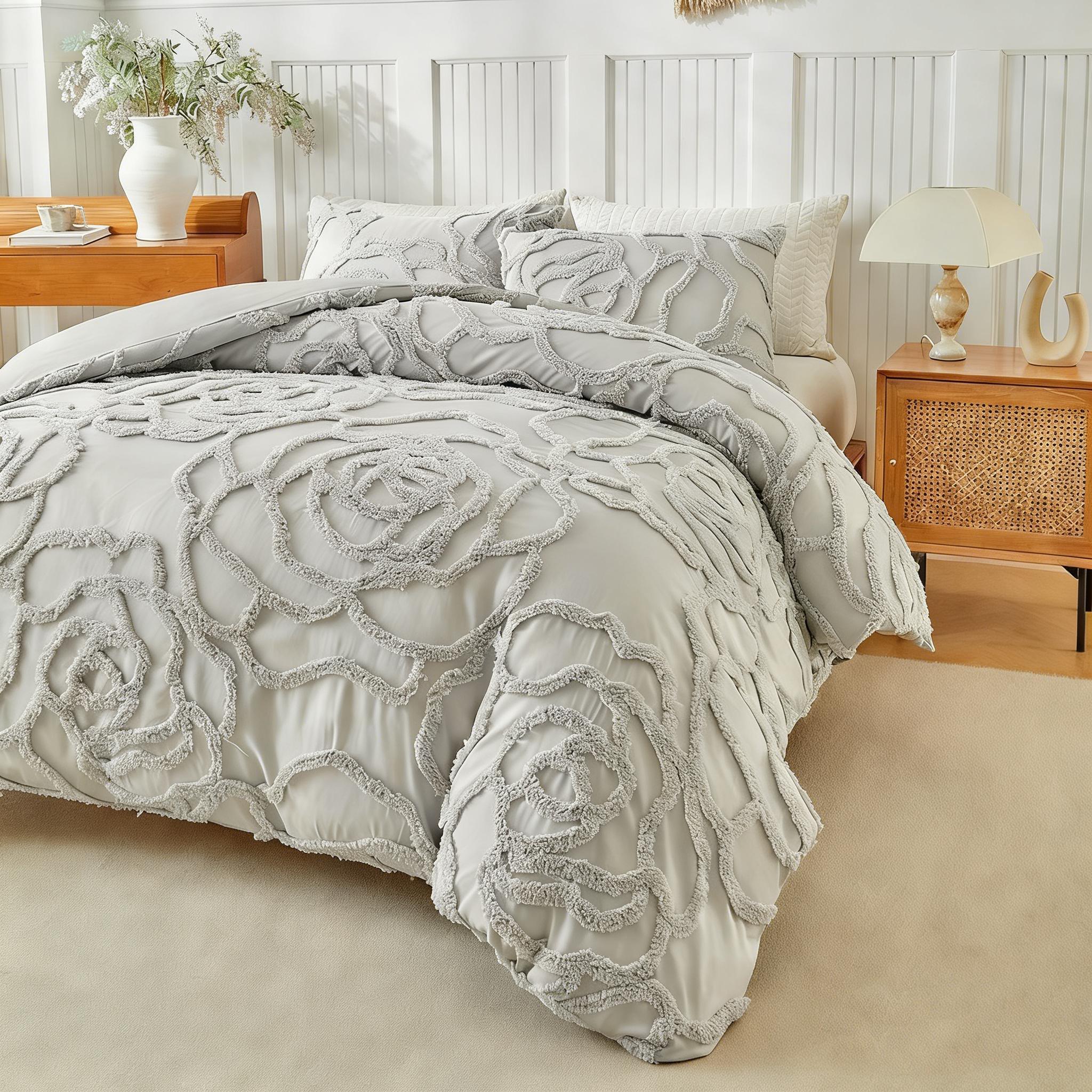 

3D Rose Floral Tufted Duvet Cover Set High Quality Microfiber Bedding Set King Queen Size Soft Luxury Quilt Cover Pillowcases US Twin size 2 pcs сірий колір