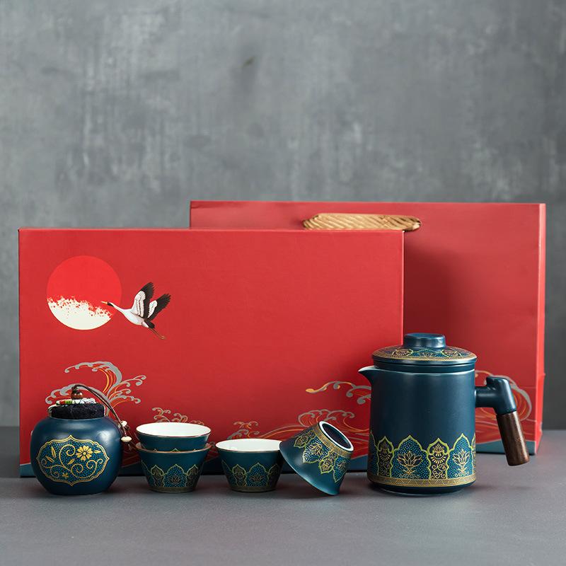 Portable ceramic one pot four cups travel tea set portable tea pot tea cup small set business gift express cup