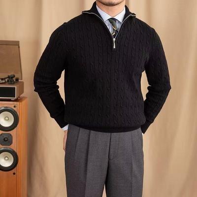 Men's Trendy Casual Slim Fit Cable Knit Half-Zip Sweater with Stand Collar for Autumn and Winter