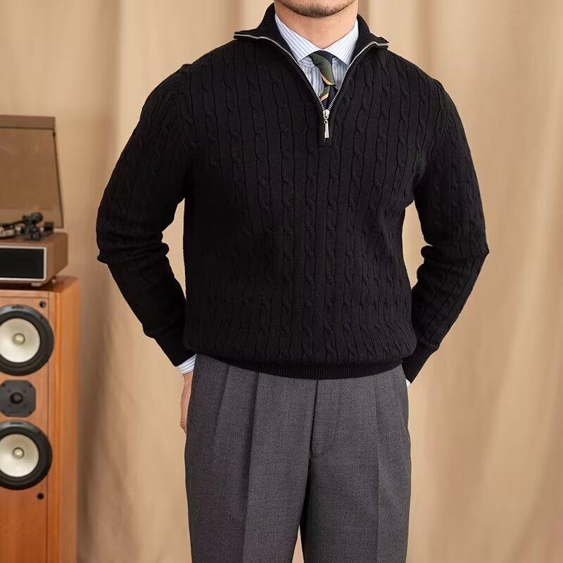 Men's Trendy Casual Slim Fit Cable Knit Half-Zip Sweater with Stand Collar for Autumn and Winter
