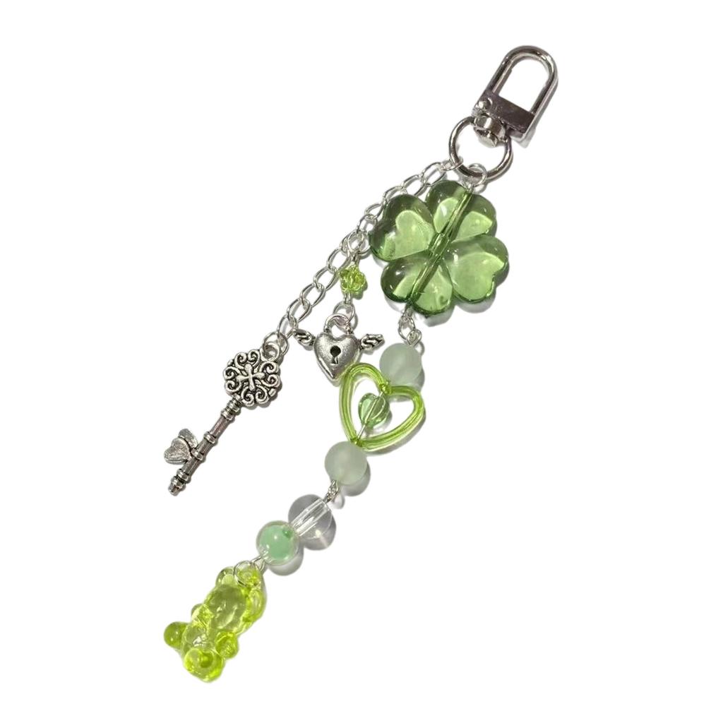 Cute Heart Beaded Keychain Bowknot Four Leaf Clovers Phone Pendant Bag Charm Stylish Accessory for Fashion Enthusiasts