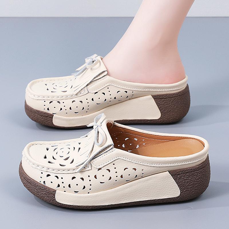 Damen Sandalen mit Höhenabsatz Plateau Loafers Rot Slipper zum Hineinschlüpfen Lässige Clogs Blume Leder Weiße Schuhe für Mutter