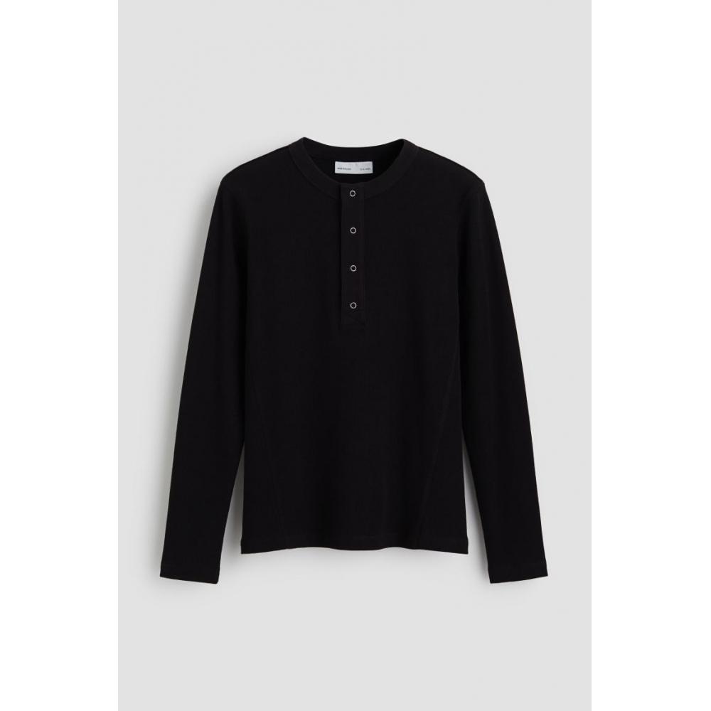 H M Ribbed Linen Blend Henry Top Black