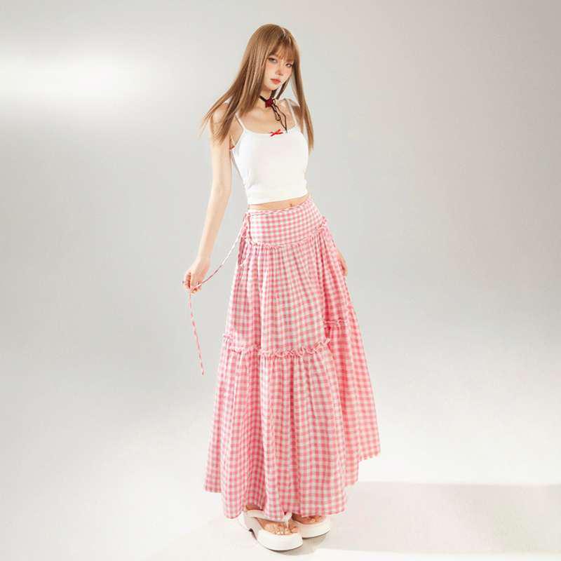 Retro Pink Plaid High-Waisted Flared A-Line Long Skirt for Women Medium