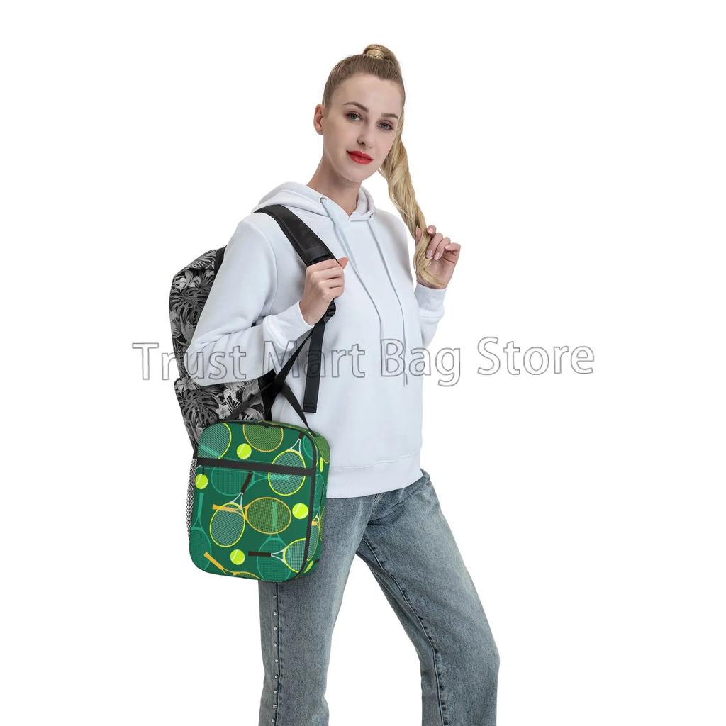 Tennis Rackets and Balls Print Insulated Lunch Bag Reusable Portable Waterproof Lunch Box Cooler Thermal Bento Tote for Sports