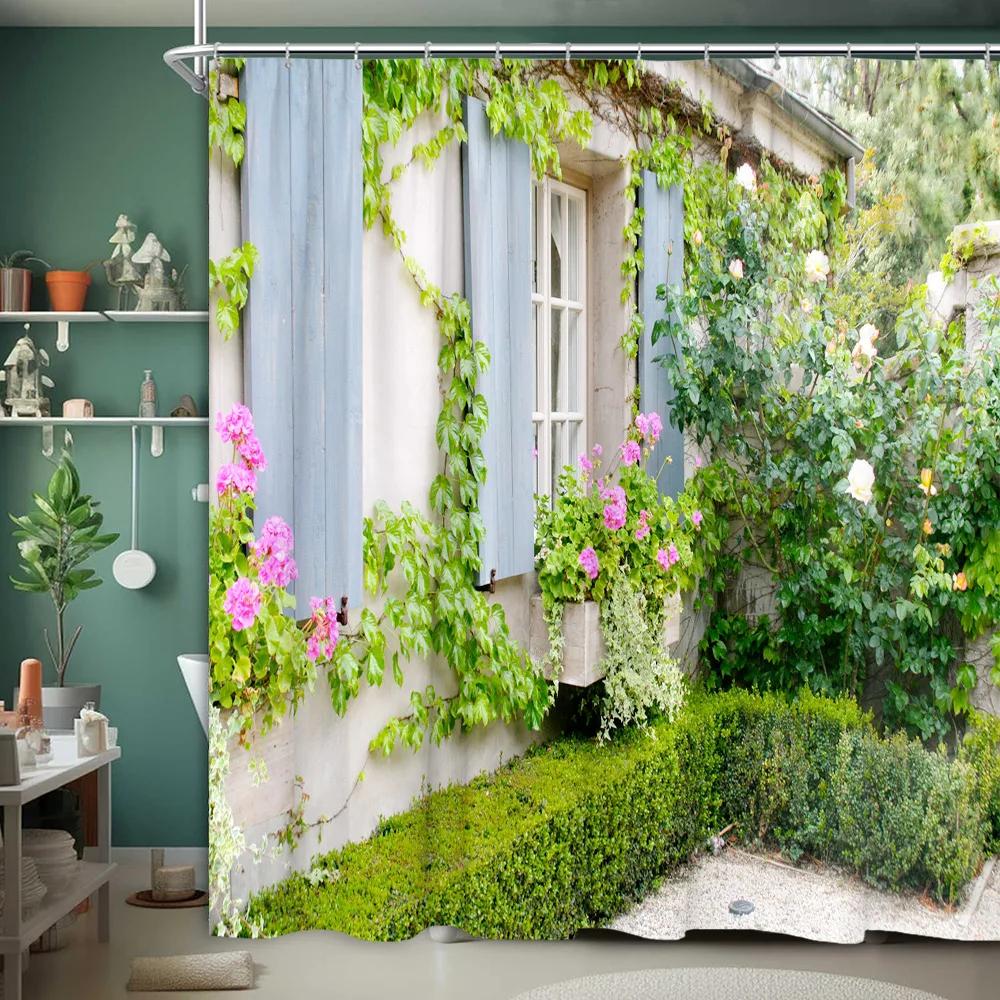 

Garden Scenery Shower Curtain European Flower Plant Streetscape Nature Landscape Outdoor Polyester Fabric Bathroom Decor Curtain 90x180cm-35x70in