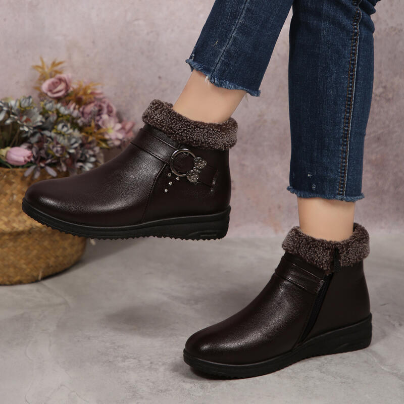 Fashion Casual Side Zip Pu Ankle Boots Women 2025 Winter Warm Short Plush Non Slip Mom's Shoes Vintage Soft Faux Fur Wedge Heel Booties