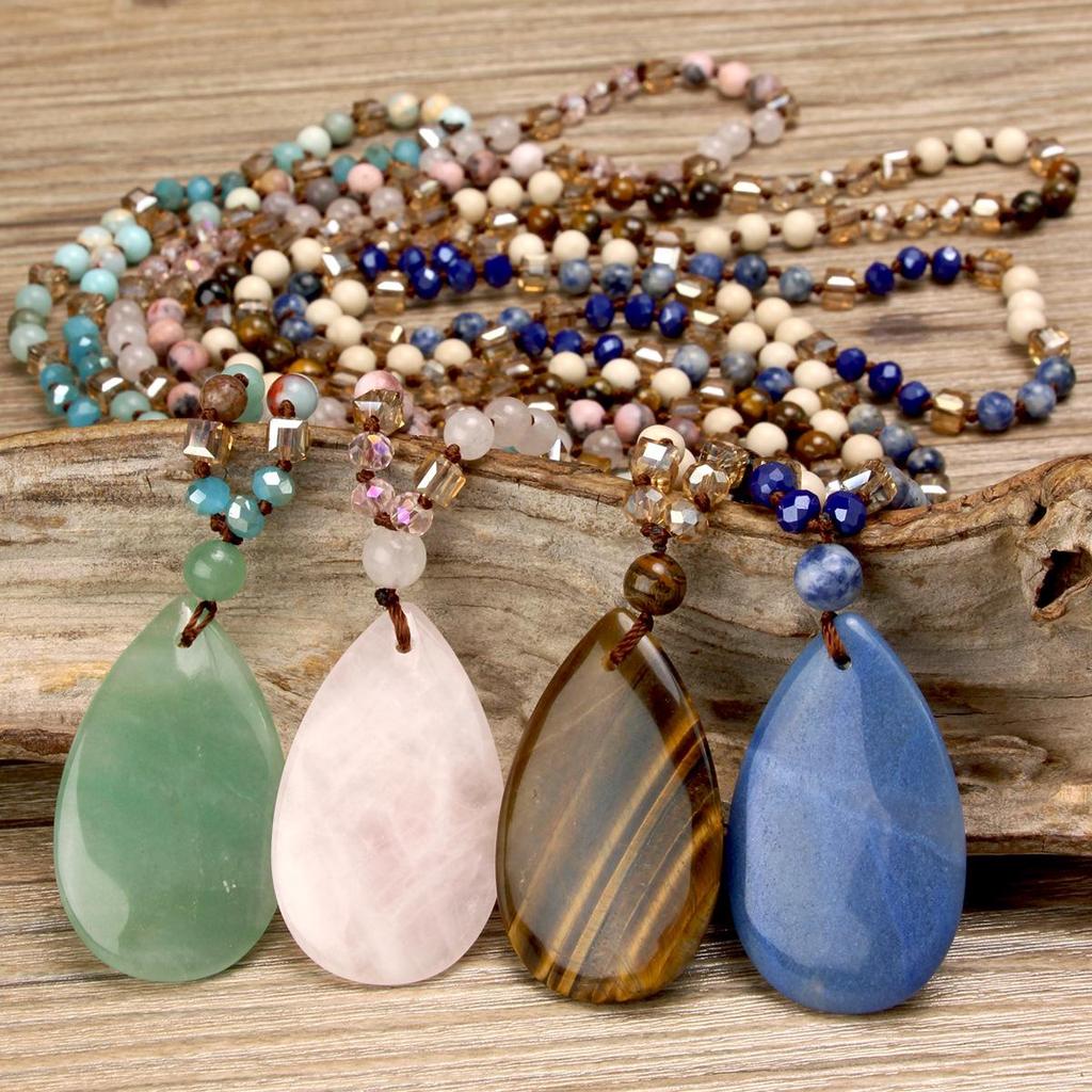 Women's Pink Crystal & Colorful Agate Water Drop Necklace: Handmade Knotted Sweater Chain with European and American Style
