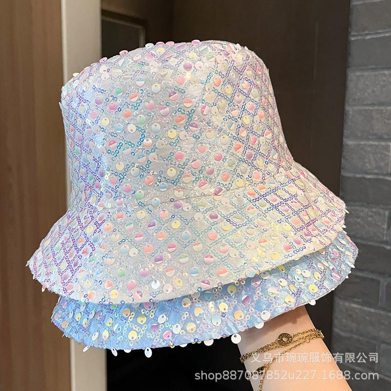 European and American New Sequined Colorful Basin Hat Women's Spring and Summer Outdoor Sunshade Face Small Flat Top Rhombus Grid Sunscreen Bucket Hat