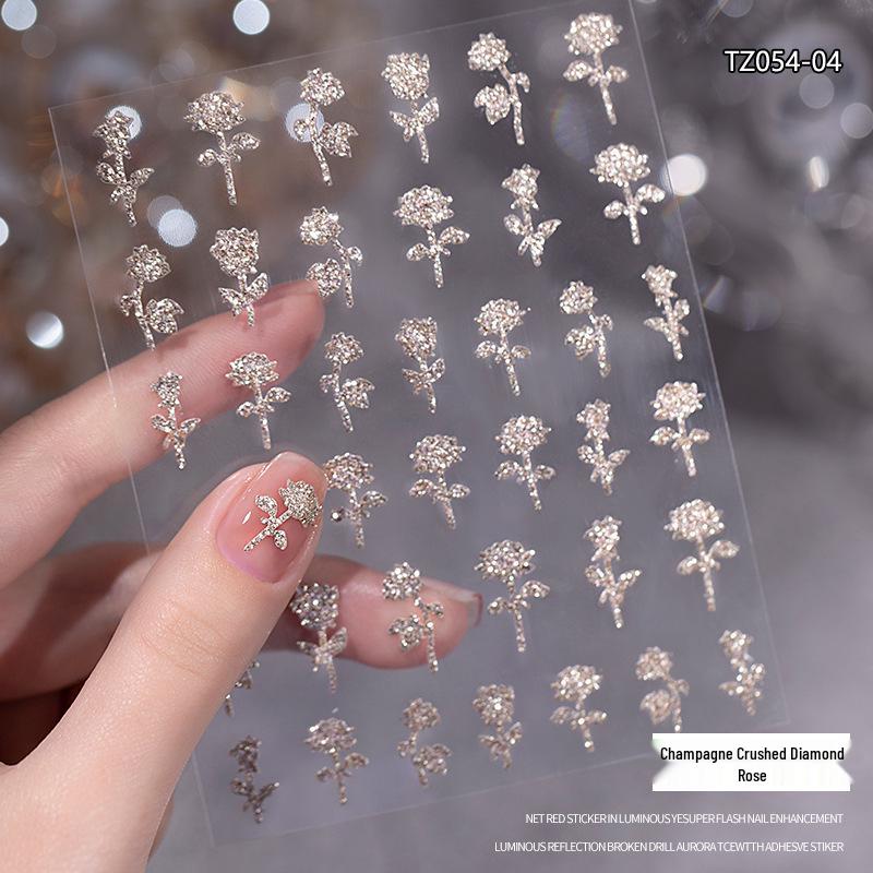 

Шампань Переливающийся Дробленый Бриллиант Хромированные Наклейки для Ногтей Chrome Hearts: Дизайны с бабочкой, розой, кроликом и снежинкой