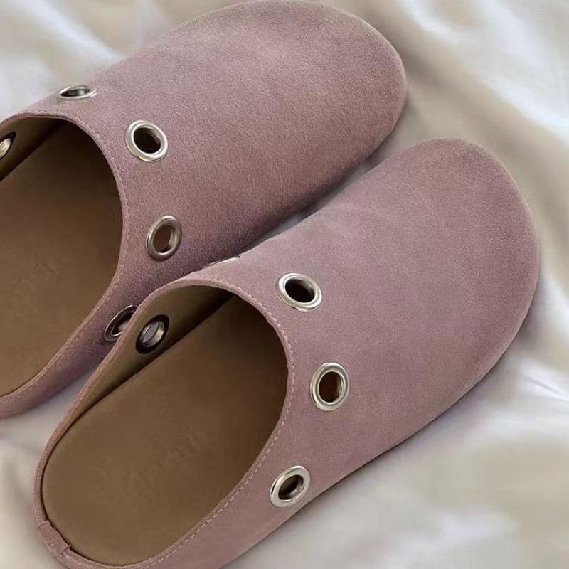 Fashion Spring New Baotou Slippers Women's Fashion Round Head Deep Mouth Suede Rivet Soft Sole Anti-slip Wear-resistant Flat Shoes