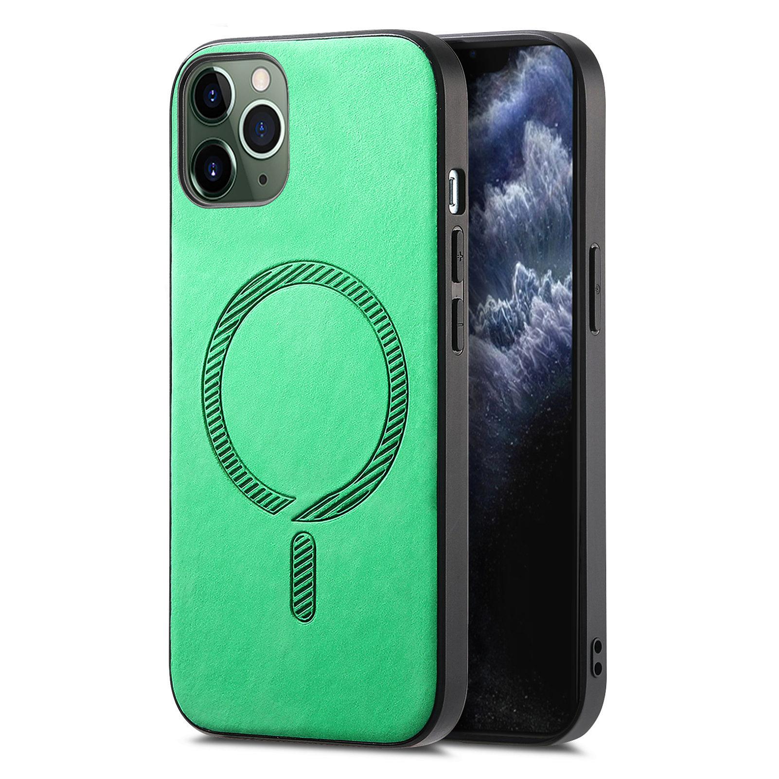 

For iPhone 11 Pro Max Leather Back Case Compatible with MagSafe Skin-touch Phone Cover Green