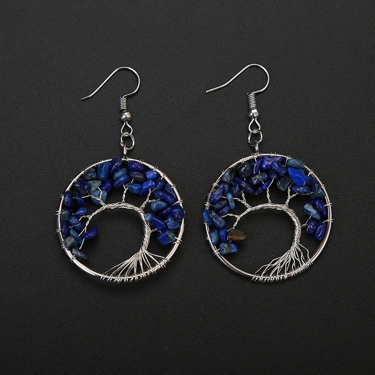 Handmade Wrapped Seven-Color Crushed Stone Tree of Life Earrings E11