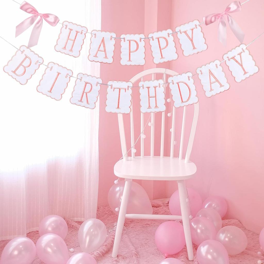 Oudain Pink and White Bow Happy Birthday Banner Garland Pink Bow Birthday Party Decorations Coquette Scalloped Embroidered First Party Cake Smash