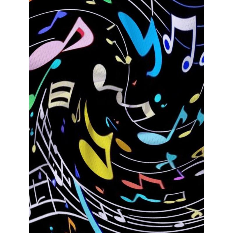 Men's Cool Music Note Print T-Shirt With Colorful Melody Pattern And Black Background, Stylish Short Sleeve Summer Top For Casual Daily Wear