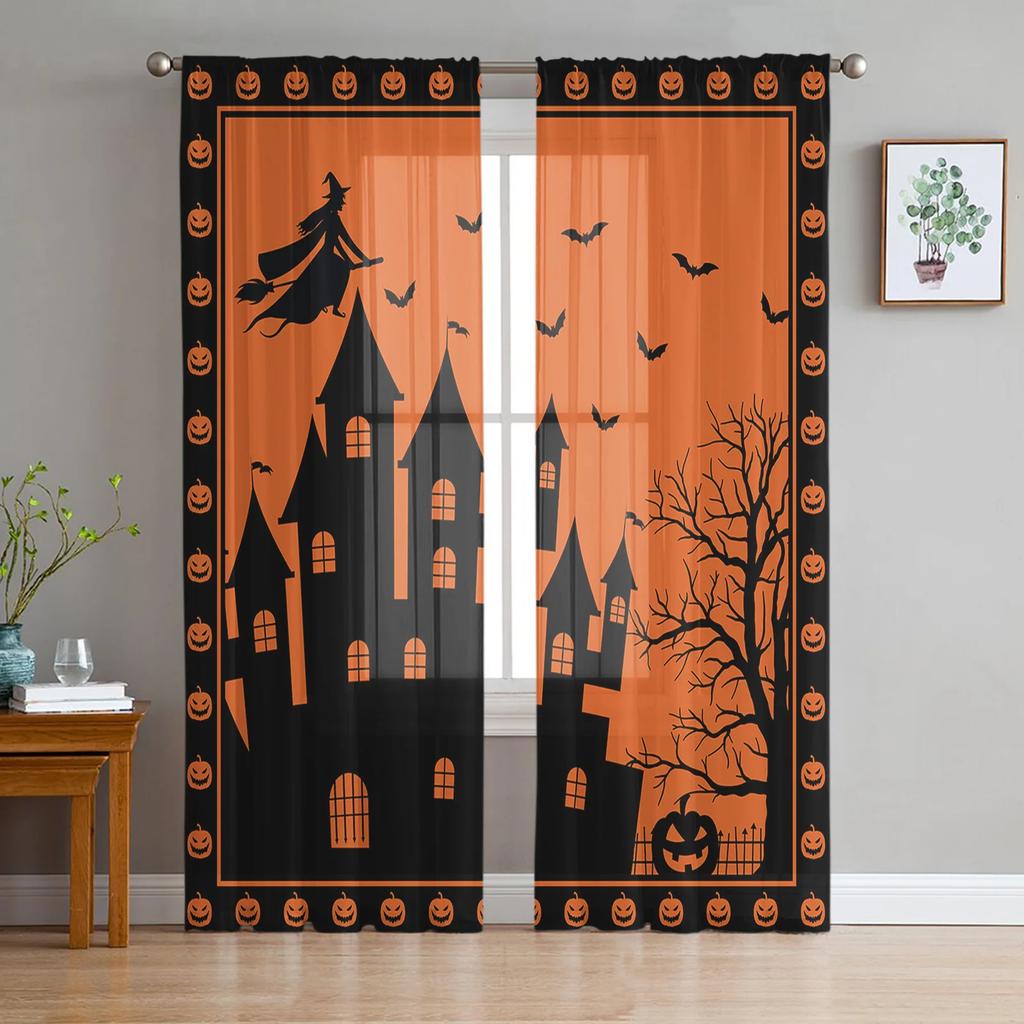 Halloween Bat Pumpkin Curtain Window Tulle Living Room Bedroom Kitchen Chiffon Treatment Decorations Curtains Light Filtering Polyester Sitting