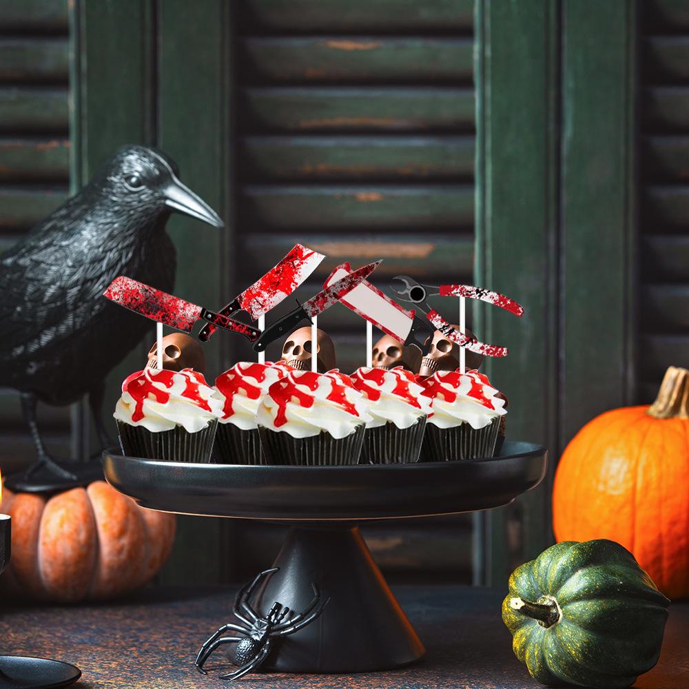 Halloween Cake Toppers – Bloody Knife & Cleaver Paper Flags for Spooky Party Cupcakes, Desserts, and Treats Decoration