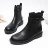 Fashion Belt Buckle Design Ankle Boots for Women Round Toe Soft Leather Side Zip Platform Boots Non-slip Brand Designer Flats