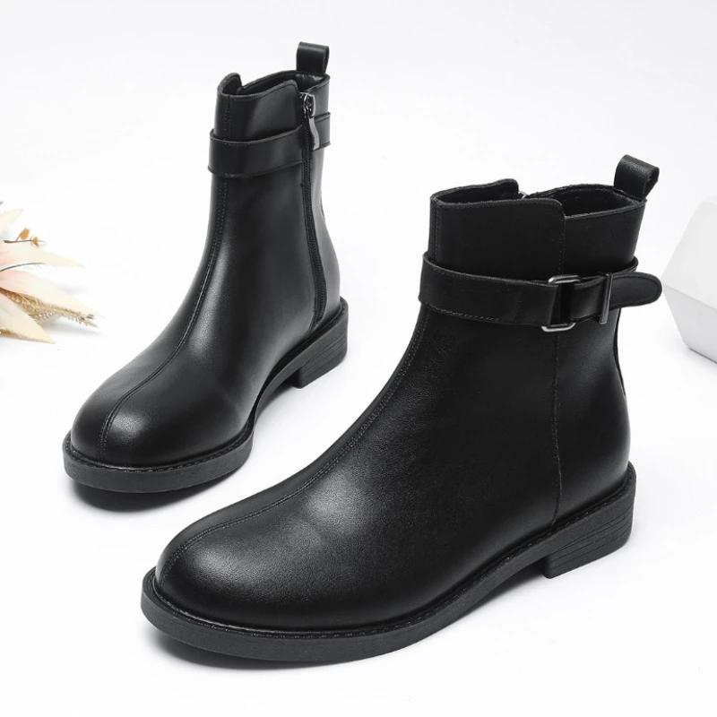 Fashion Belt Buckle Design Ankle Boots for Women Round Toe Soft Leather Side Zip Platform Boots Non-slip Brand Designer Flats