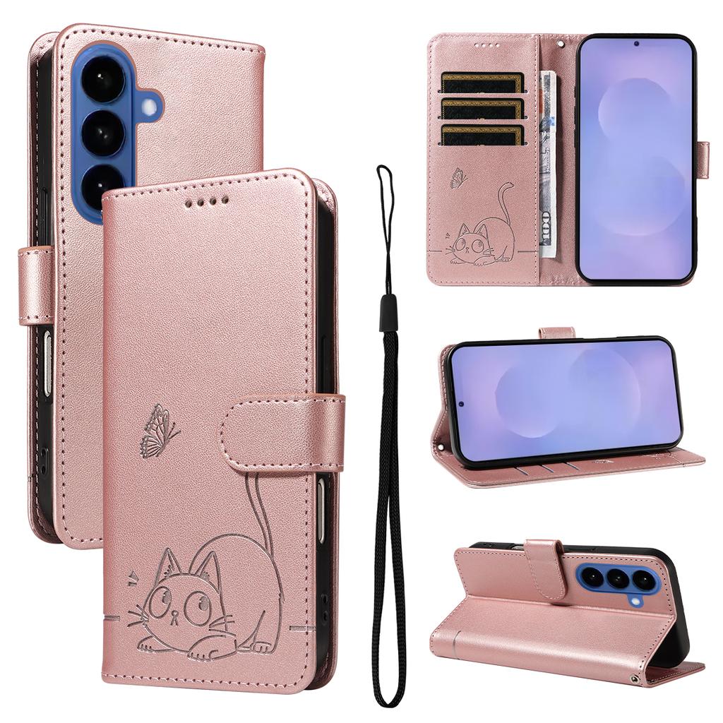 Magnetic Card Solt Wallet Leather Embossed Little Cat Phone Case For Samsung S26 Ultra S25 Plus A16 A57 A17 A07 Bag Pocket Cover