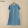 ZANZEA Women Casual Round Neck Solid Color Summer Short Sleeve Dress