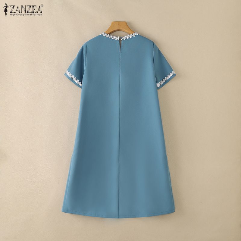 ZANZEA Women Casual Round Neck Solid Color Summer Short Sleeve Dress