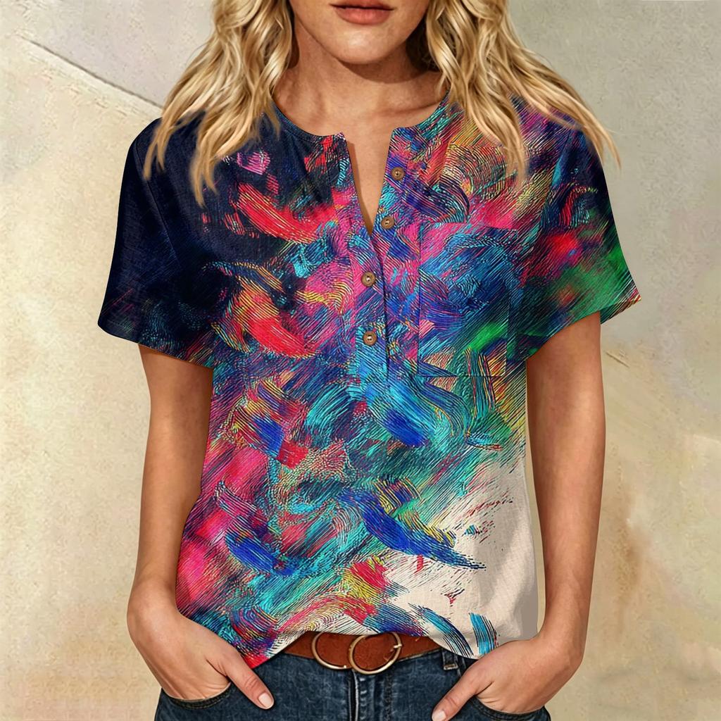 Women's Short Sleeve Linen Cotton Blend Shirt Henley Neck Button Front Pocket Casual Summer Top with Artistic Abstract Print