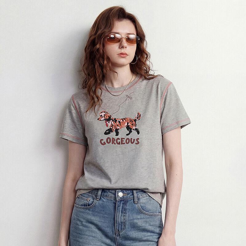 Chuyu Women's Cotton T-Shirt with Dog & Letter Print