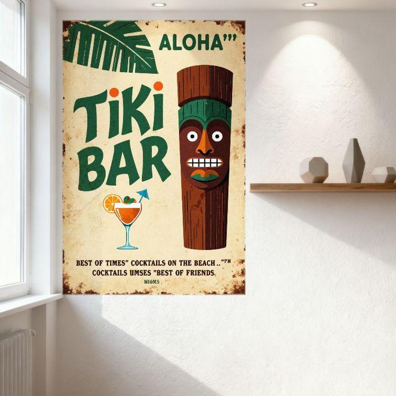 Vintage Tiki Bar Metal Tin Sign, Retro Beige Background with Aloha Palm Leaf, Tiki Totem & Cocktail Glass Art, Best for Beach Ho