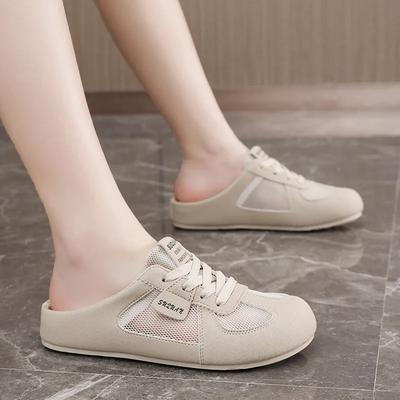 Women's Shoes Fashion 2025 Summer Slippers Mesh Breathable Flat Shoes Non Slip Round Toe Outdoor Half Slippers Lace Up Mules