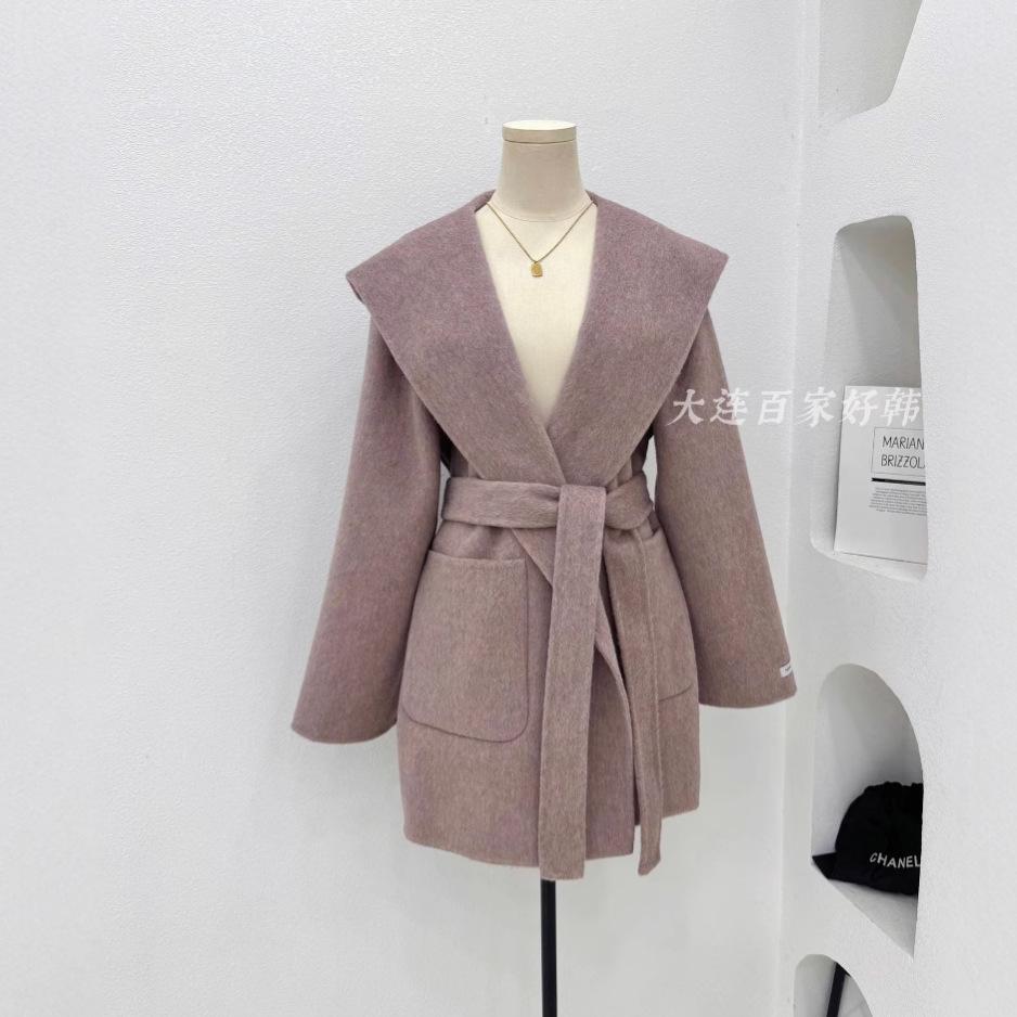Pink hooded lazy loose double-sided wool coat short autumn and winter coat classic temperament elegant