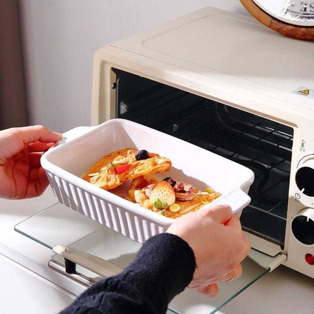Stripe Pattern Ceramic Baking Tray Deepened Lasagna Pan Durable Baking Dish Roast Chicken