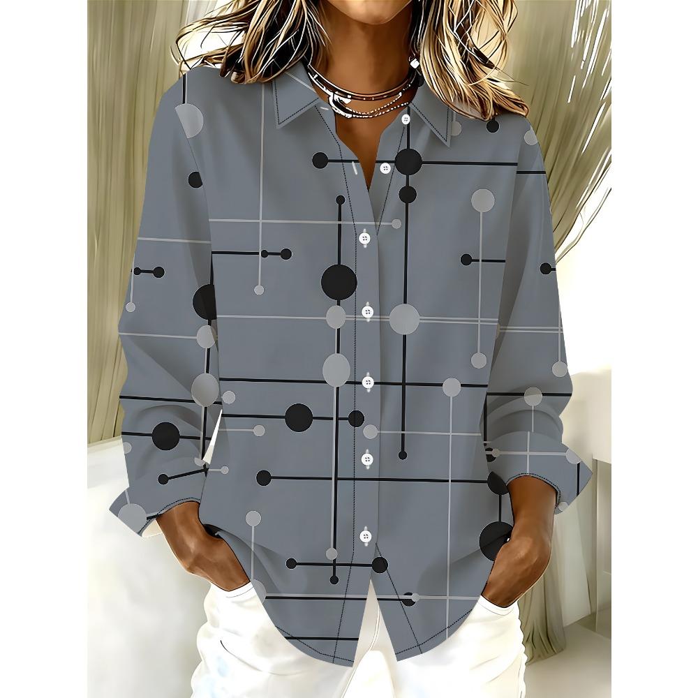 Large Size Women's Long-sleeved Shirt, Geometric Loose Print Shirt