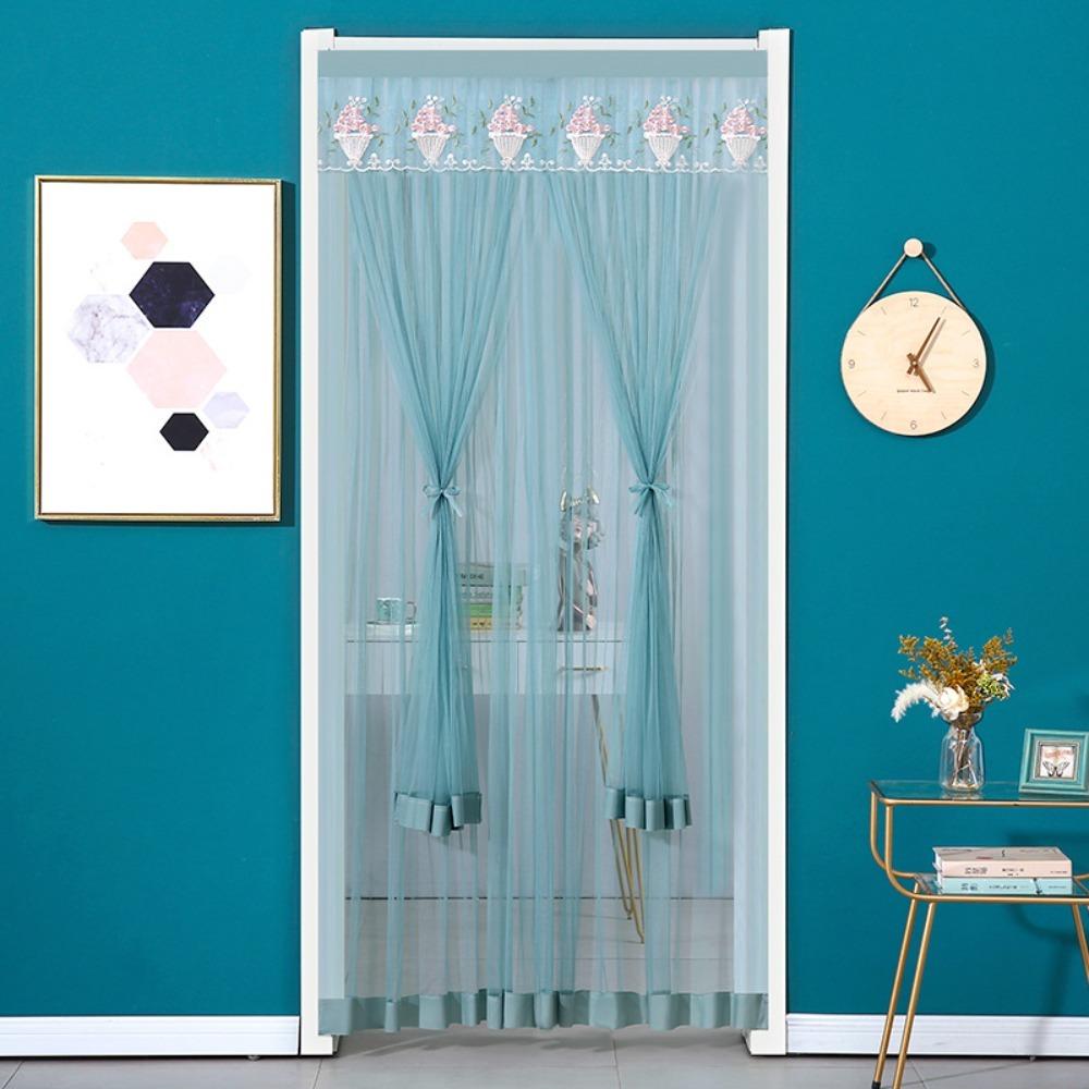 Punching Free Lace Embroidered Door Curtain Double Layer Door Drapes Entrance Curtain  Girl Room