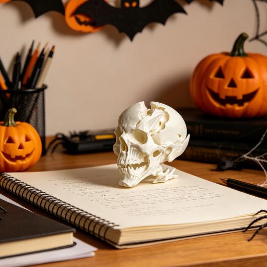 Halloween Totenkopf Schmuckstück, Außerirdischer Totenkopf Form Figur aus Kunstharz, Realistische Knochen Detail Skulptur Tischdeko Party Dekoration