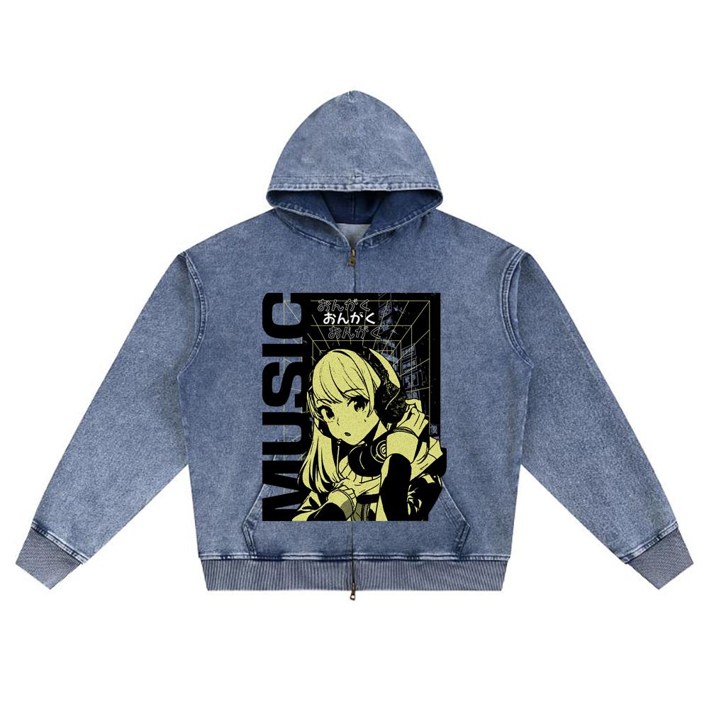DTG Print Knitted Denim Zip-Up Hoodie Anime Music Brother Print Zipper Hoodies  