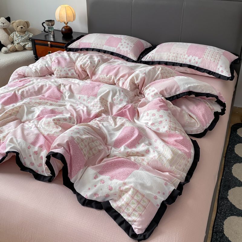 INS French Style Floral Simple Black Lace Double Layer Gauze Bedding Set Washed Cotton Bed Sheet Fitted Sheet Fresh Quilt Cover