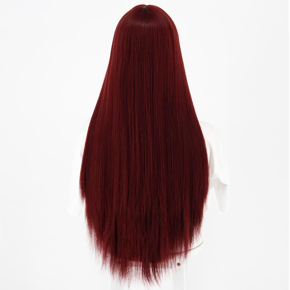MISS WIG Women Long Straight Red Wine Wig with Bangs Synthetic Fiber Wig Black Brown Ombre Color for Women Daily Wear